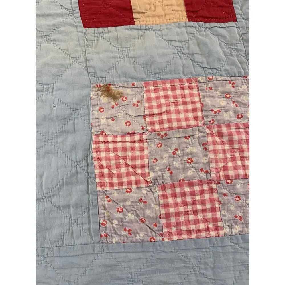 Vtg CottageCore Hand sown Patchwork Quilt 78x94 Reversible Yellow Distressed